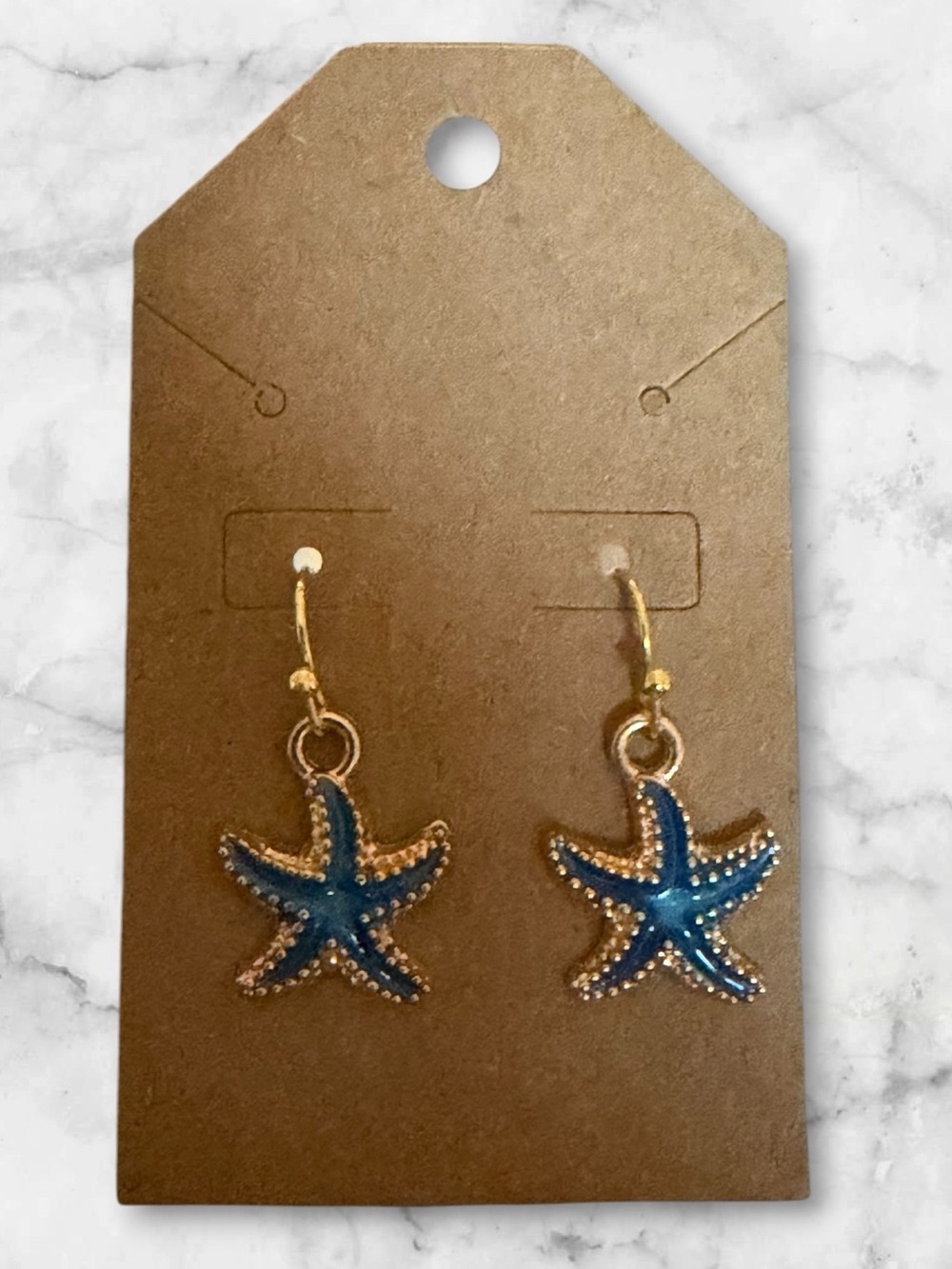 Blue Starfish Drop Earrings - Gold Tone